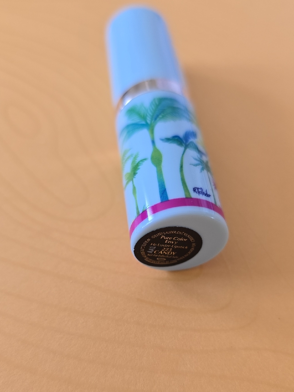 Estee Lauder Light Blue Lipstick with Palm Tree Print and Hot Pink Accent NEW